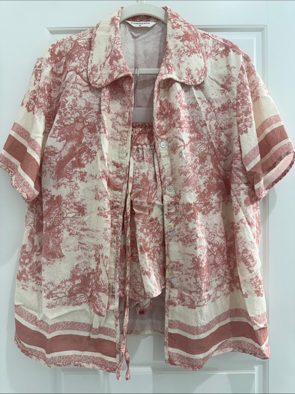 Commense Pink Toile Short Sleeve Button-Down Top and shorts